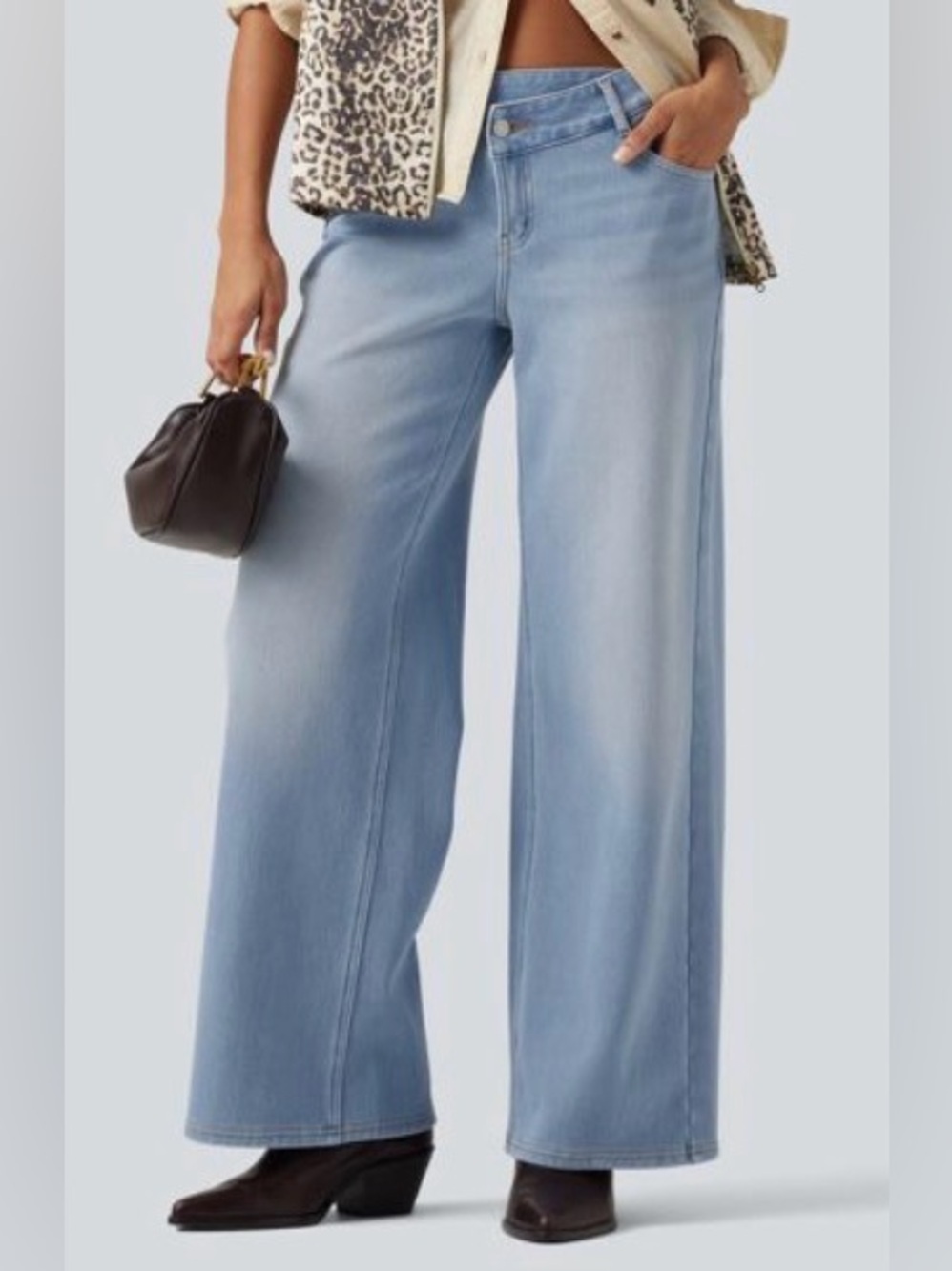 Halara Jeans Asymmetrical High Rise Mid Light Blue Wide Leg Stretchy Flex